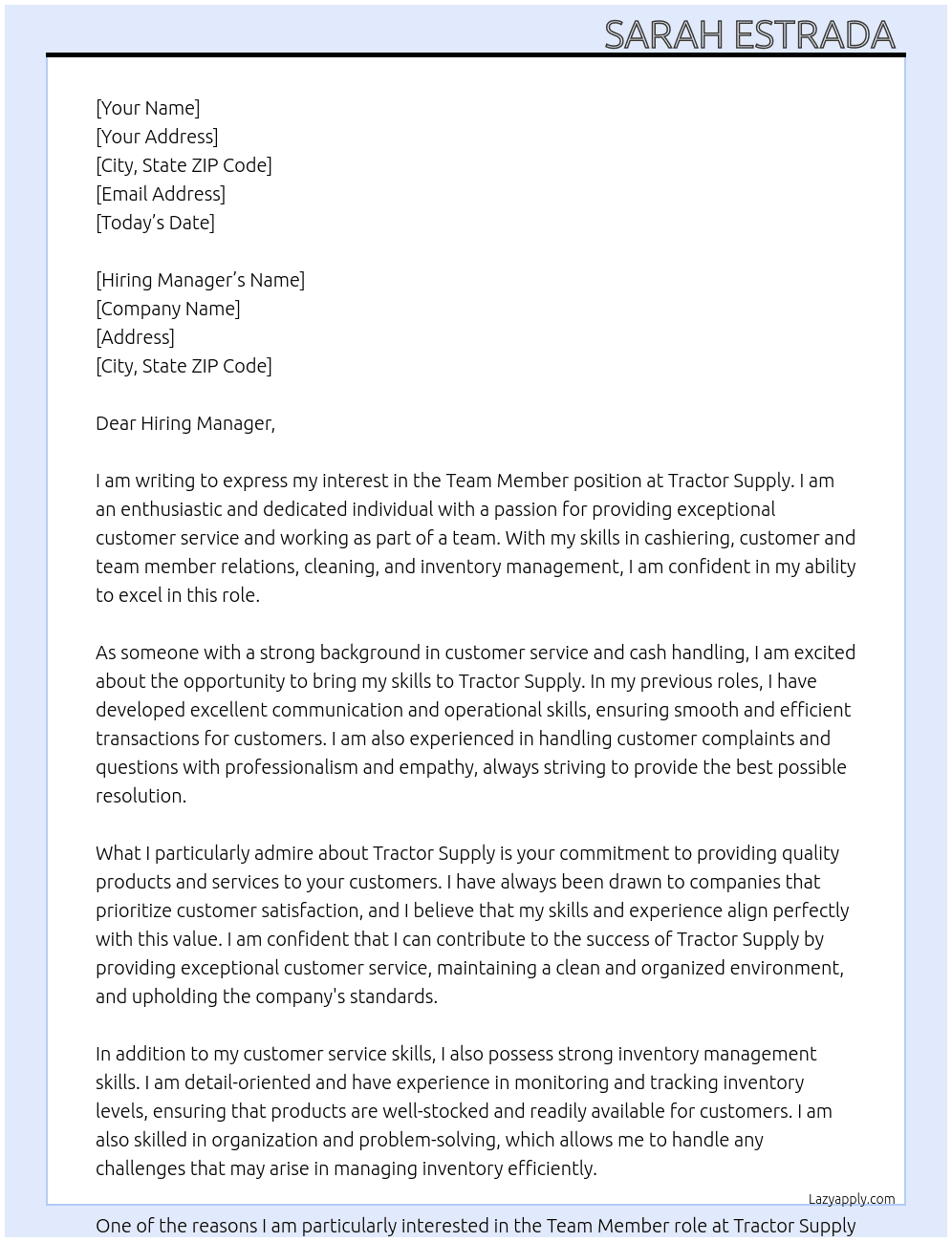 Team member  At Tractor Supply Cover Letter