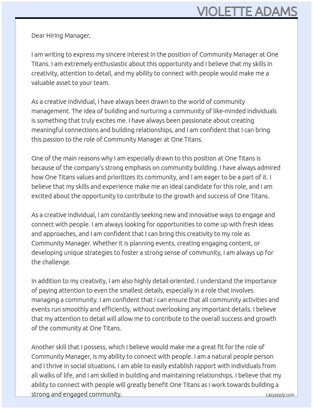 Community Manager  At One Titans Cover Letter
