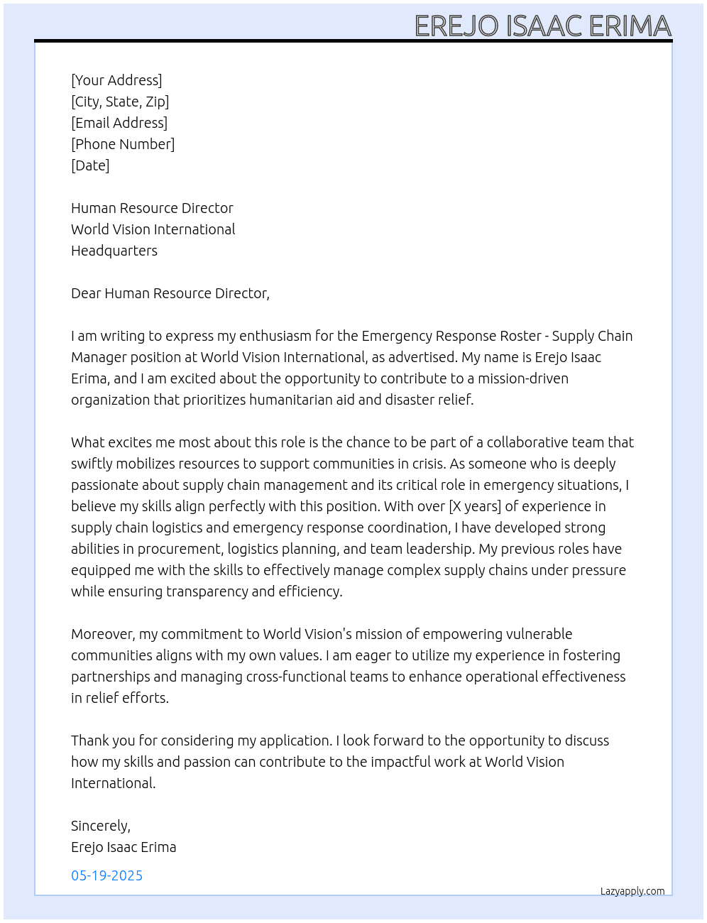 Emergency Response Roster - Supply Chain Manager At World Vision International  Cover Letter