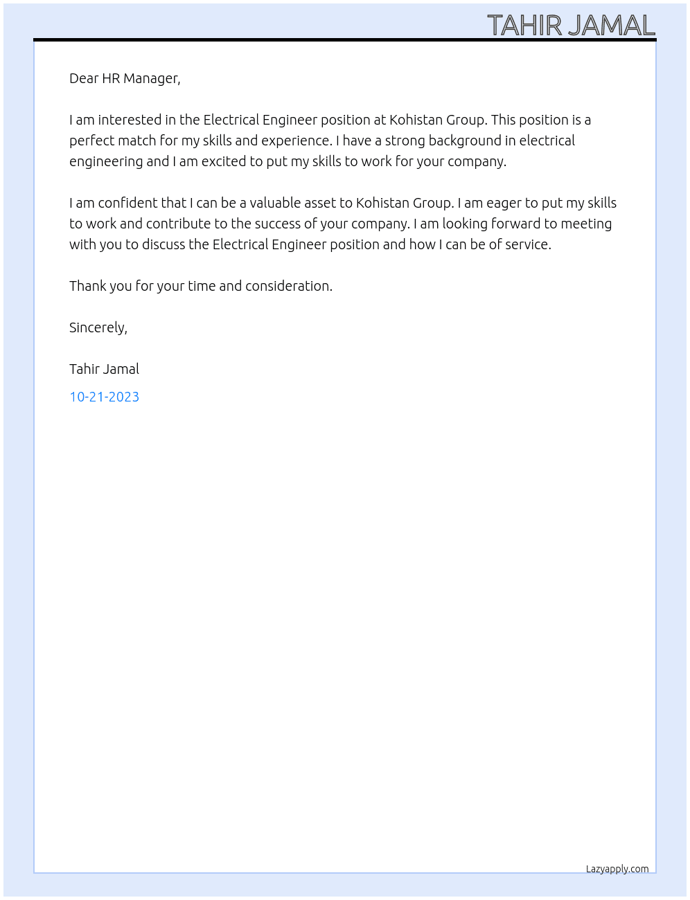 Electrical Engineer  At Kohistan Group Cover Letter