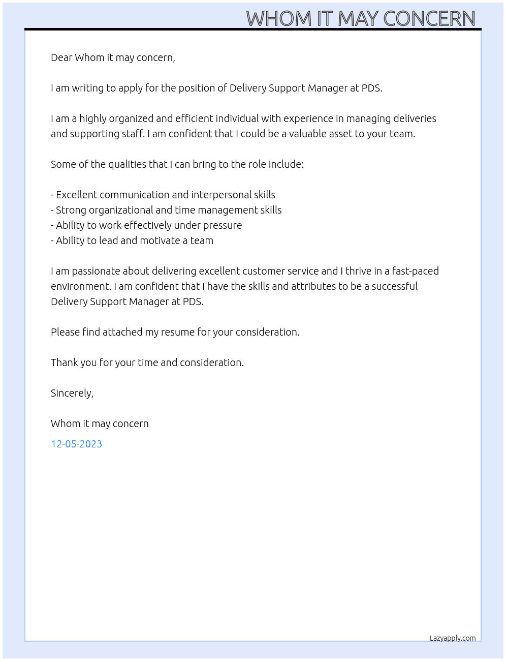 Delivery Support Manager At PDS Cover Letter