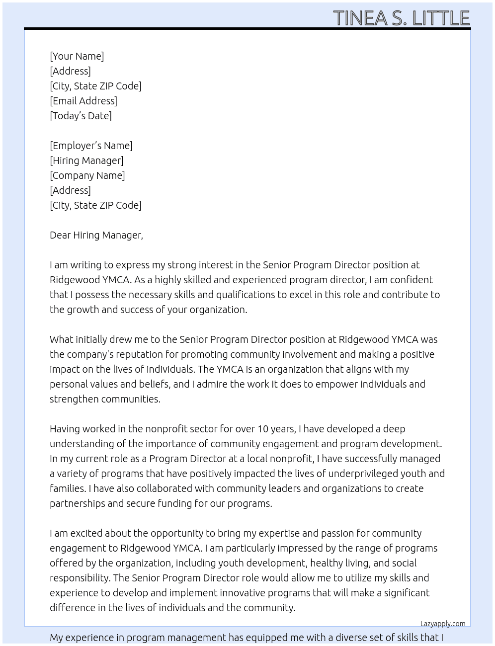 Senior Program Director At Ridgewood YMCA Cover Letter