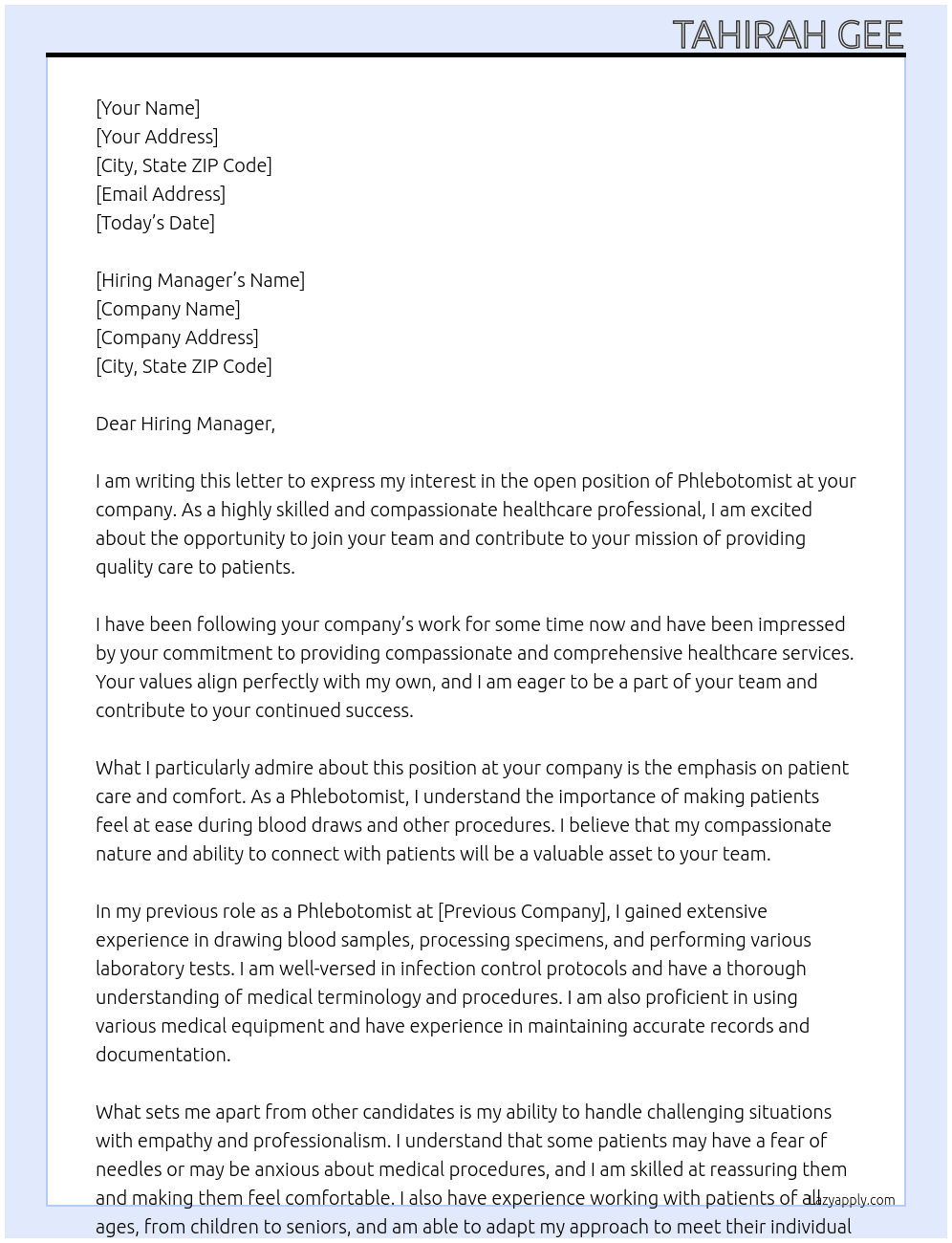 Phlebotomist  At Unknown  Cover Letter