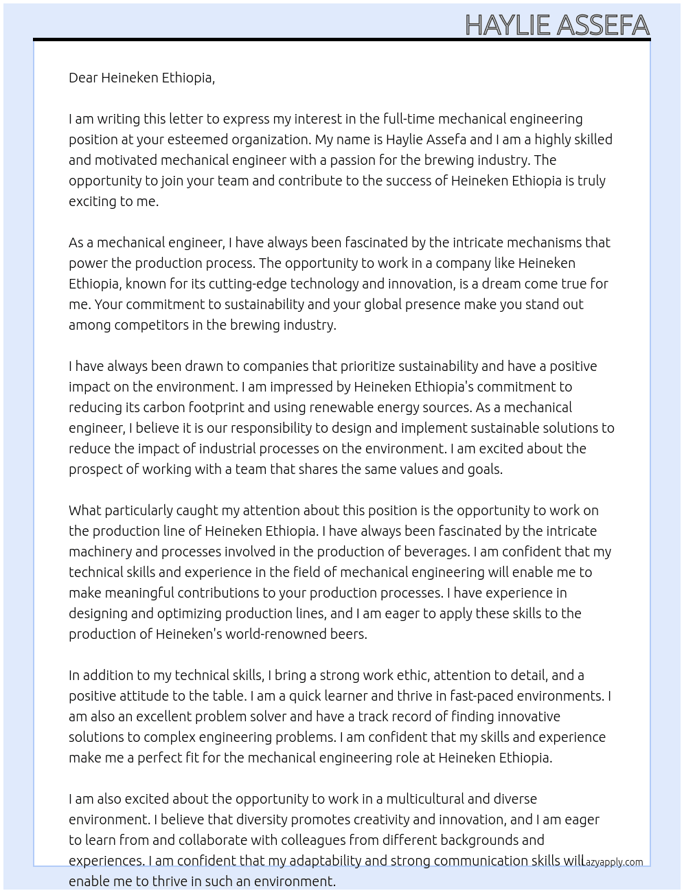 mechanical engineering At Heineken Ethiopia Cover Letter