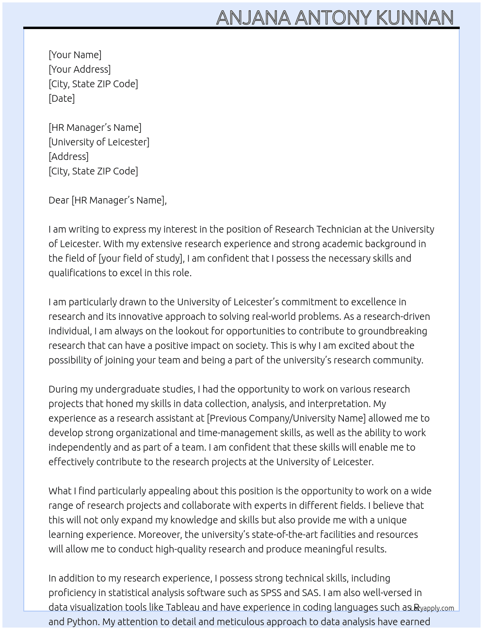 Research Technician At University of Leicester Cover Letter