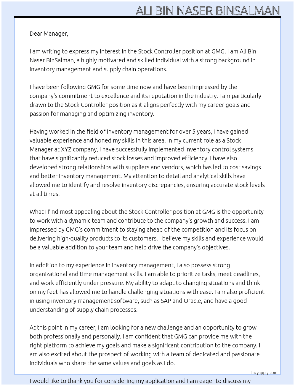 Stock Controller  At GMG Cover Letter