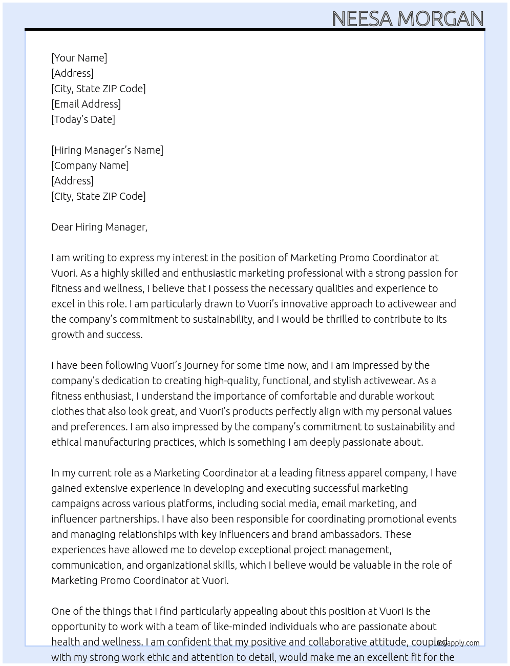 Marketing Promo Coordinator At Vuori Cover Letter