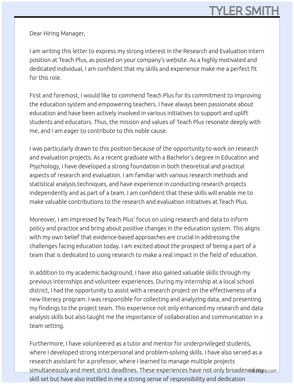 Research and Evaluation Intern At Teach Plus Cover Letter