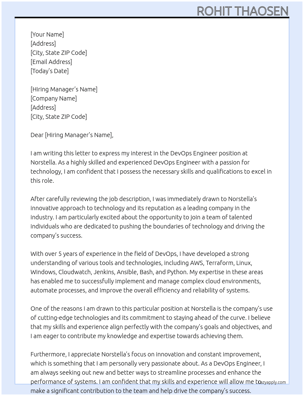 DevOps Engineer At Norstella Cover Letter