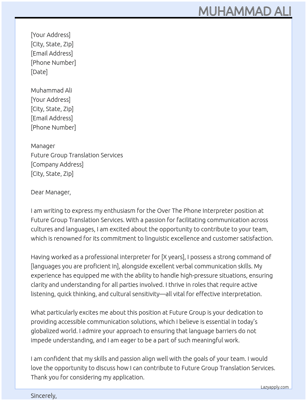 Cover letter for over the phone interpreter - LazyApply