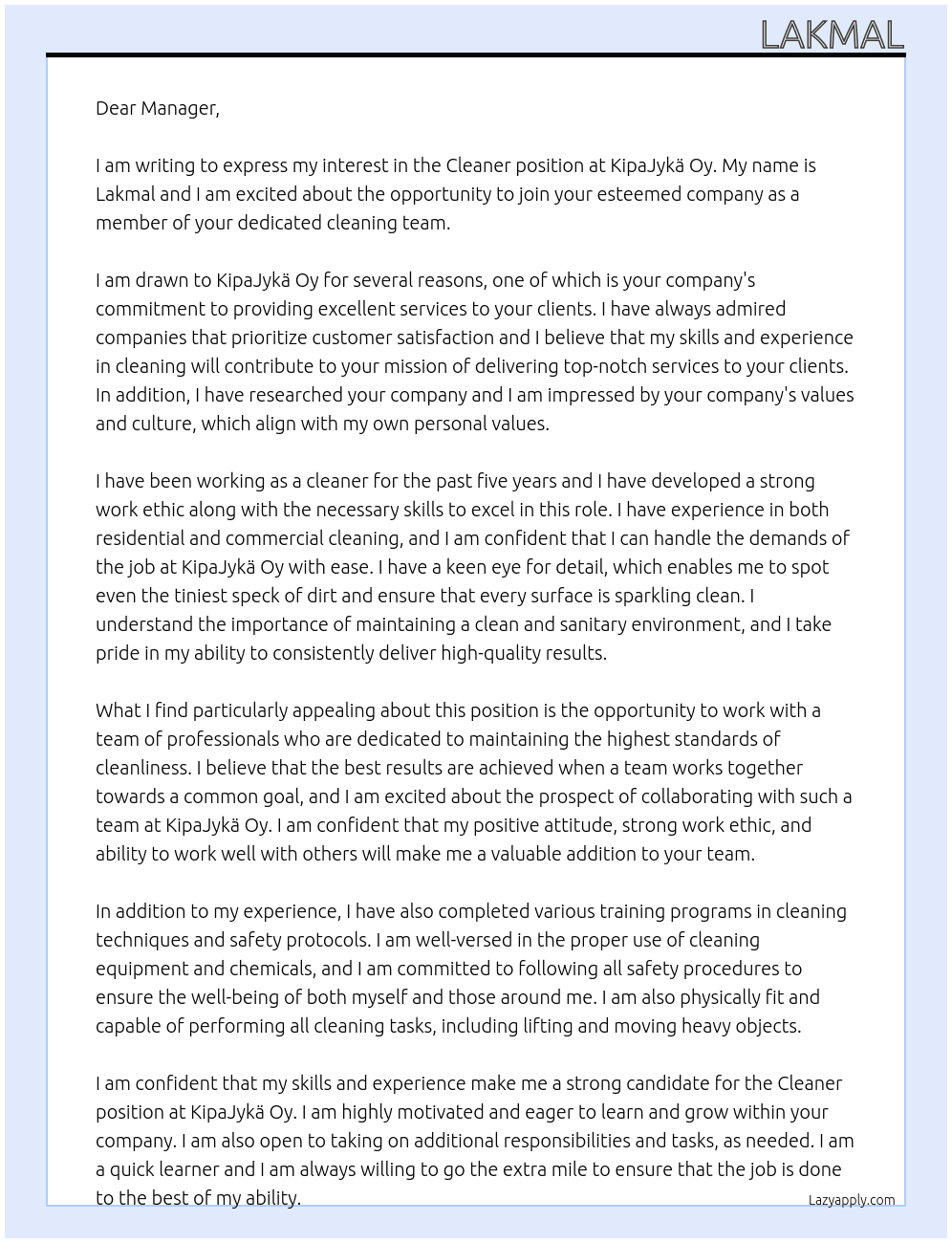 Cleaner At KipaJykä Oy Cover Letter