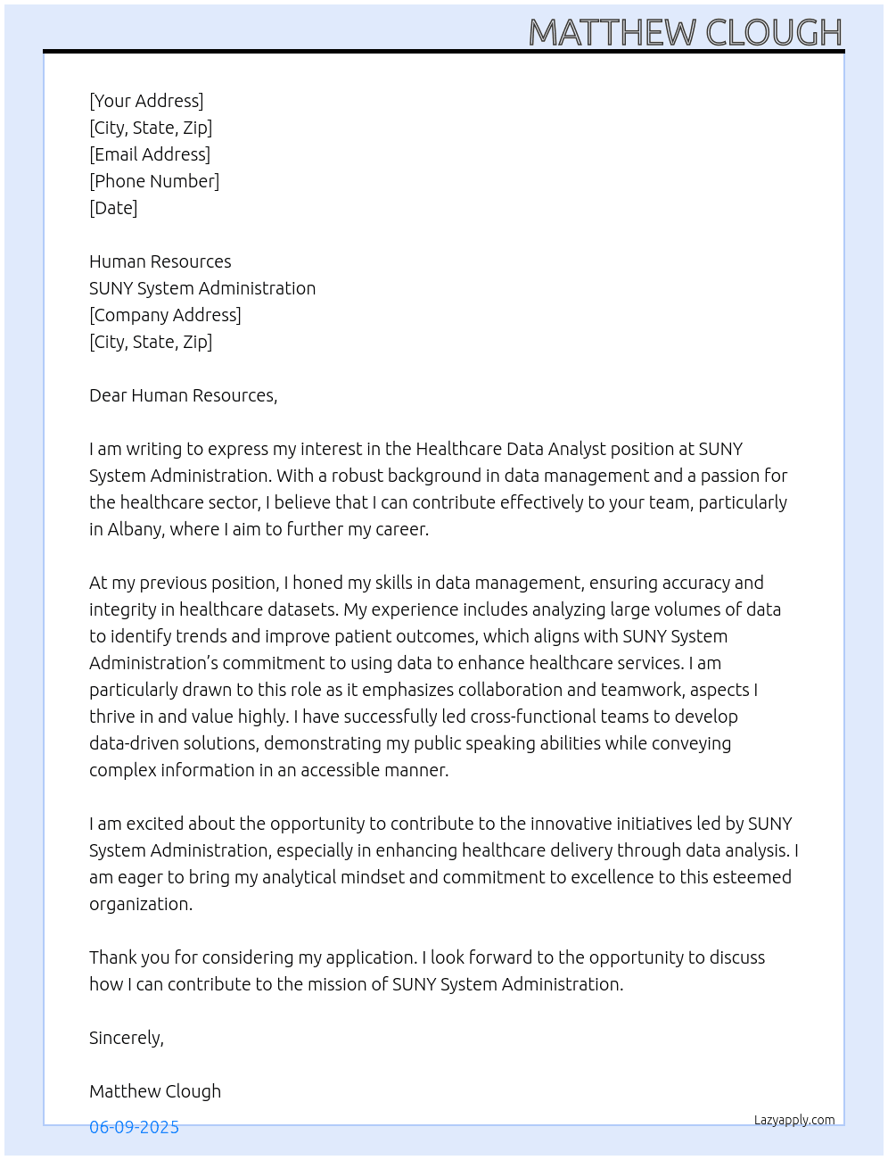Healthcare Data Analyst At SUNY System Administration Cover Letter