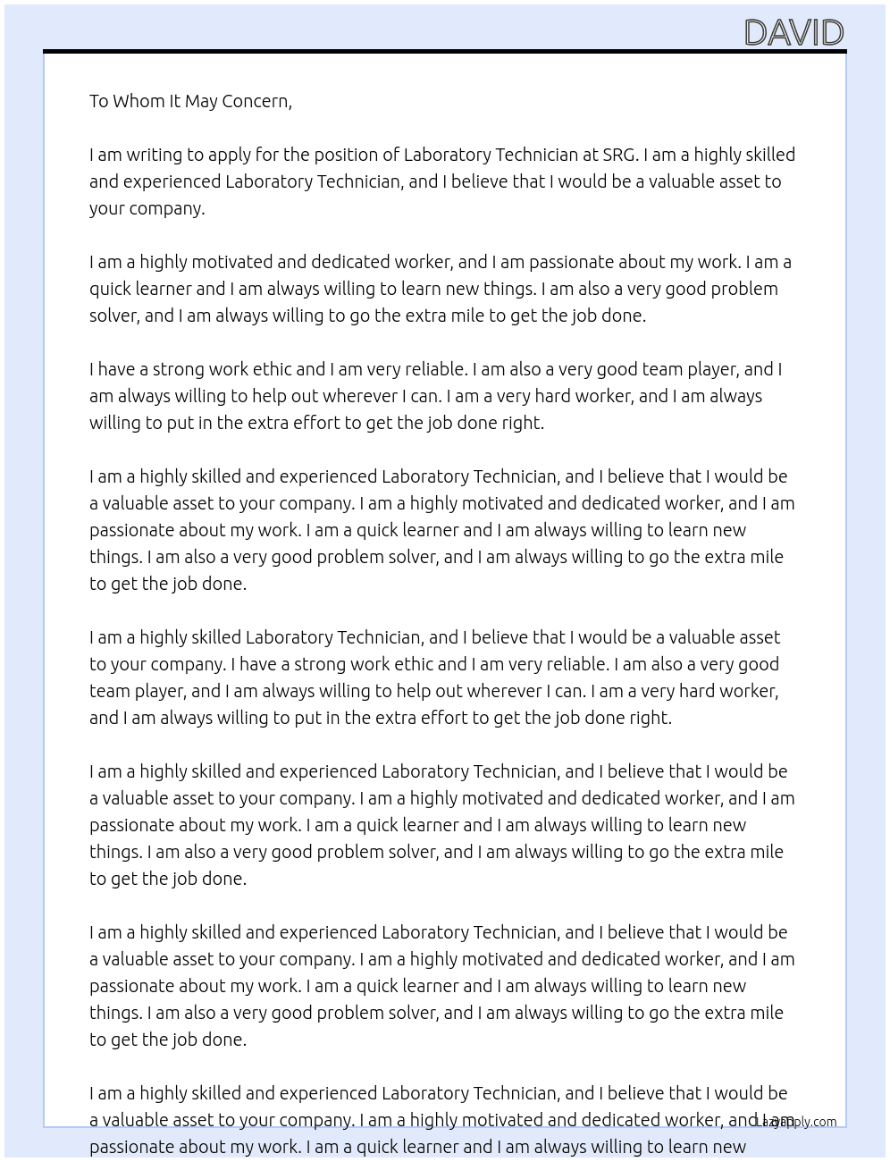 Laboratory Technician At srg Cover Letter