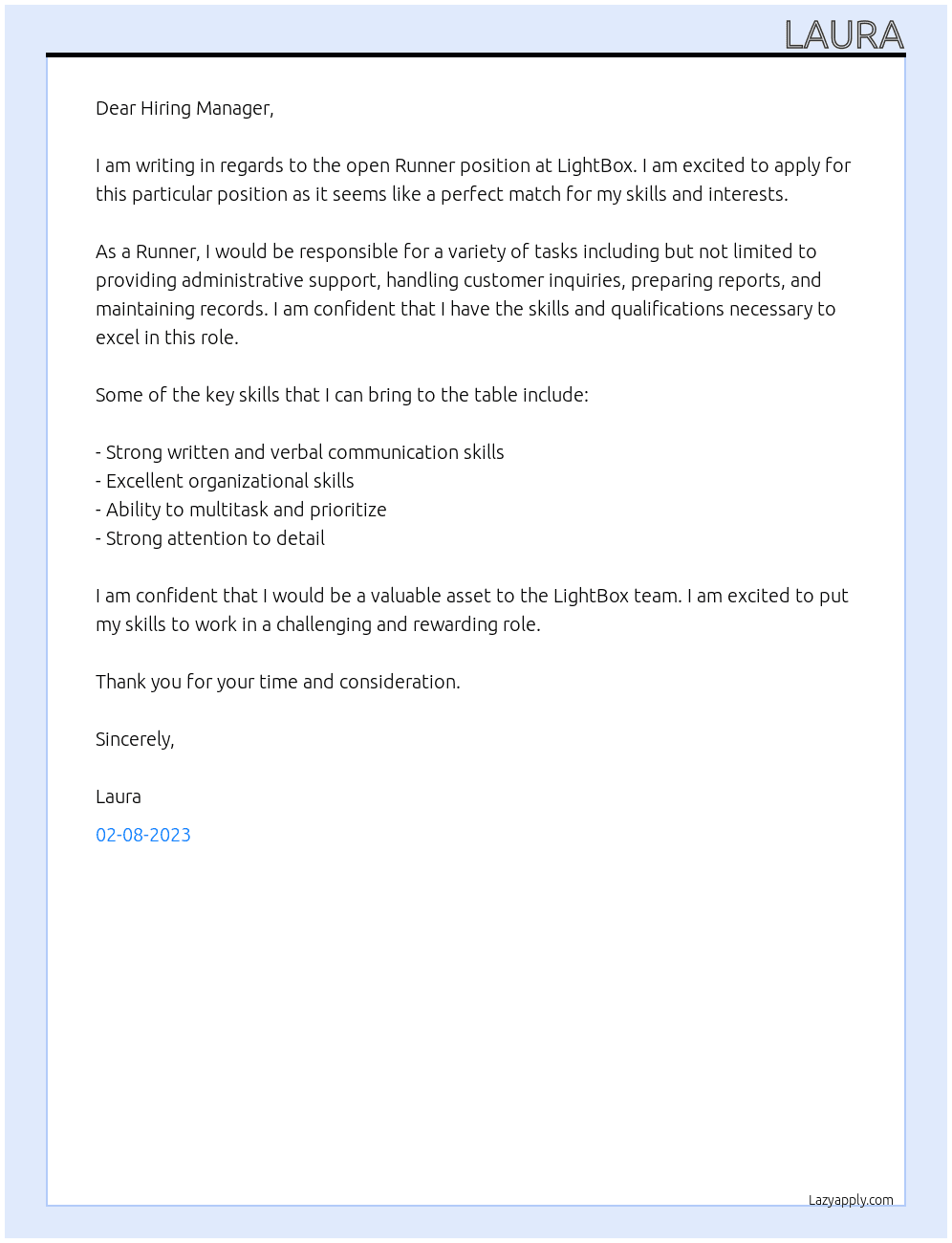 Runner At LightBox Cover Letter