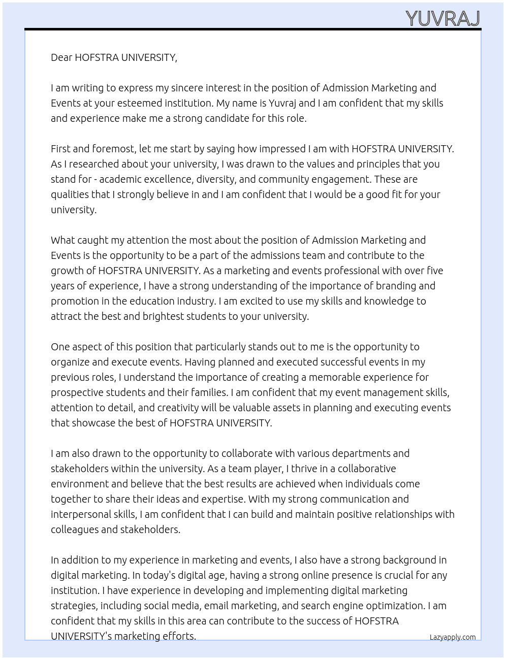Admission Marketing and Events At HOFSTRA UNIVERSITY Cover Letter