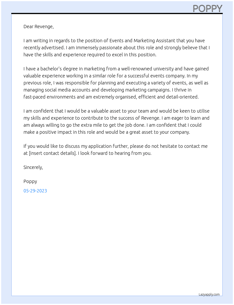 Events and Mrketing Assistant  At Revenge Cover Letter