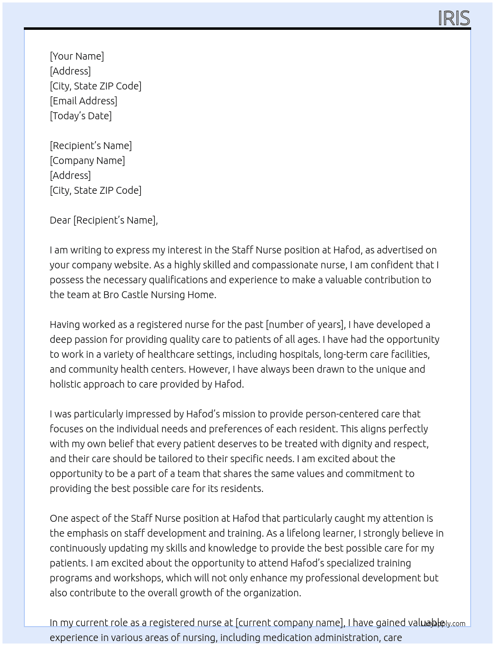 Staff nurse At Hafod Cover Letter