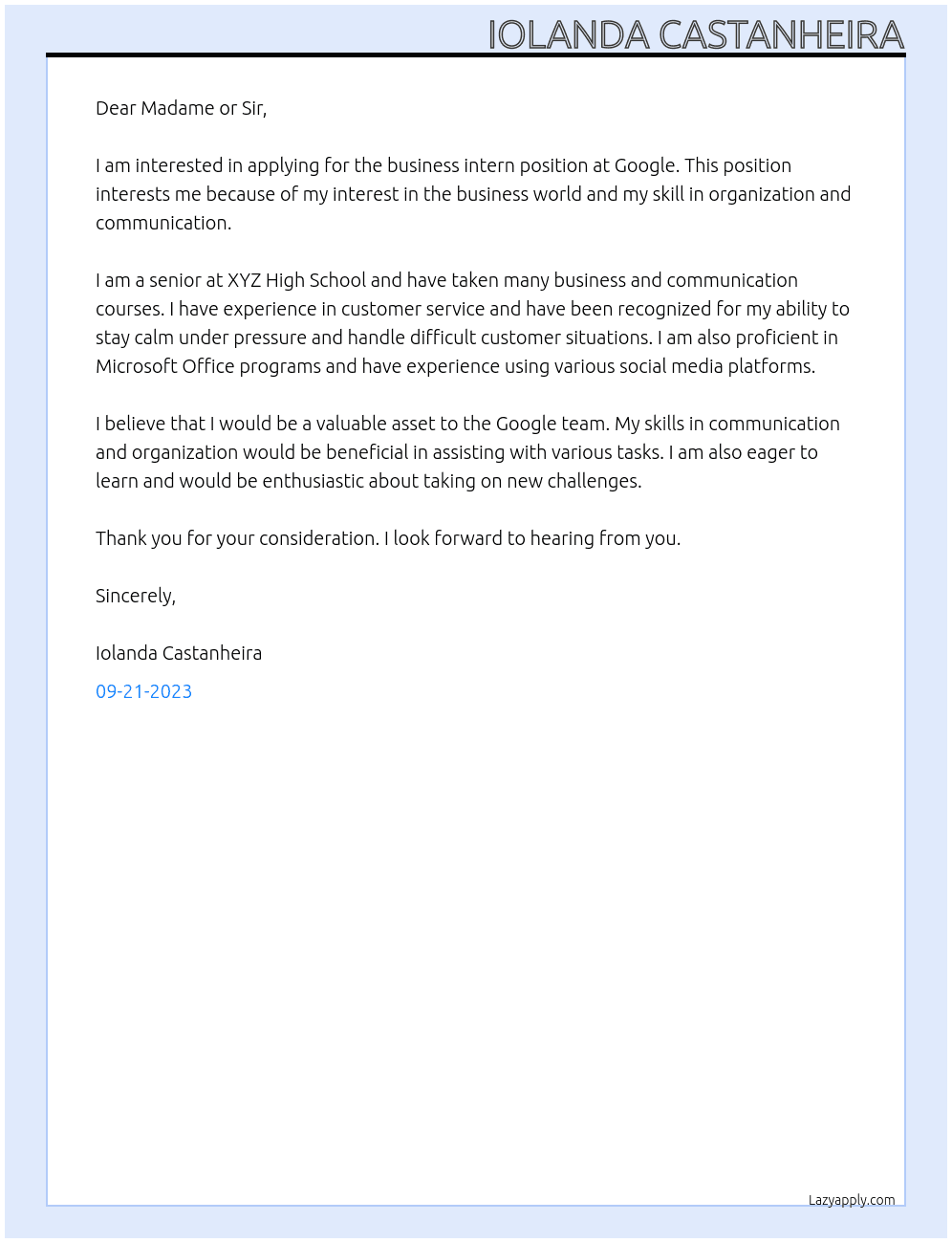 Cover letter for business intern - LazyApply