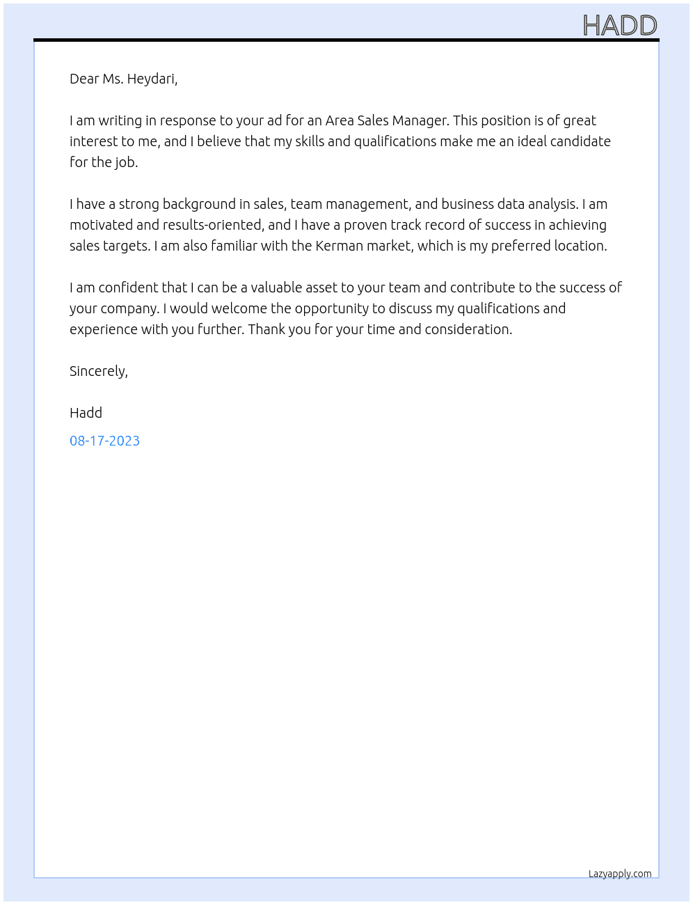 Area sales manager At Bel groupe Cover Letter