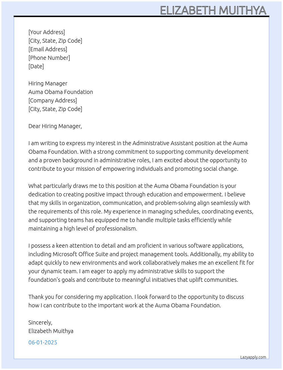 Administrative Assistant  At Auma Obama foundation  Cover Letter