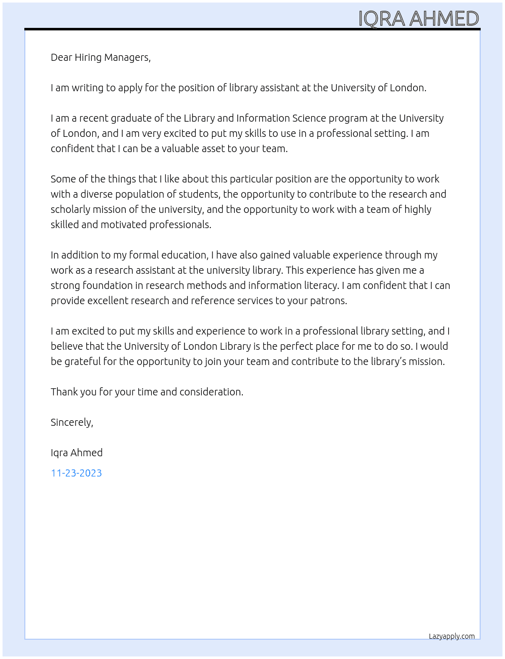 library assistant  At University of London Cover Letter