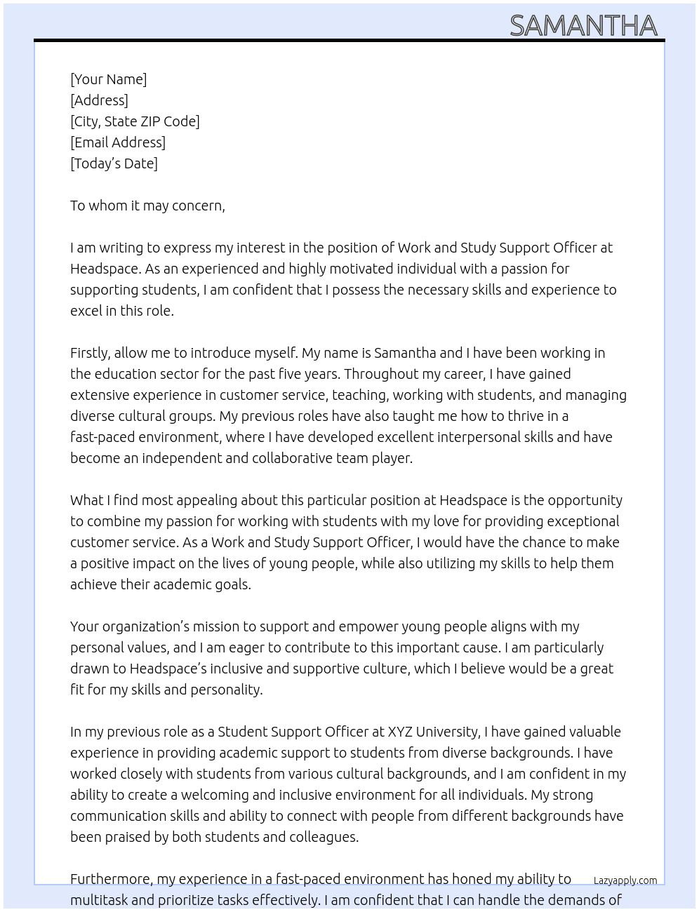 Work and Study Support Officer At Headspace Cover Letter