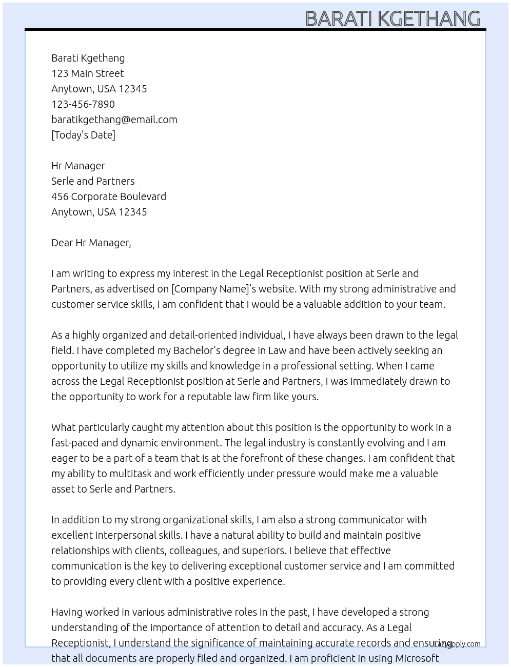 Legal Receptionist  At Serle and Partners Cover Letter