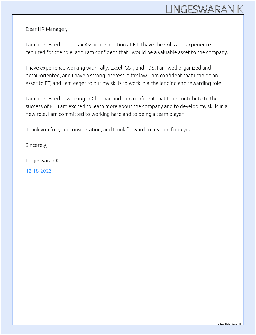 Tax associate At ET Cover Letter