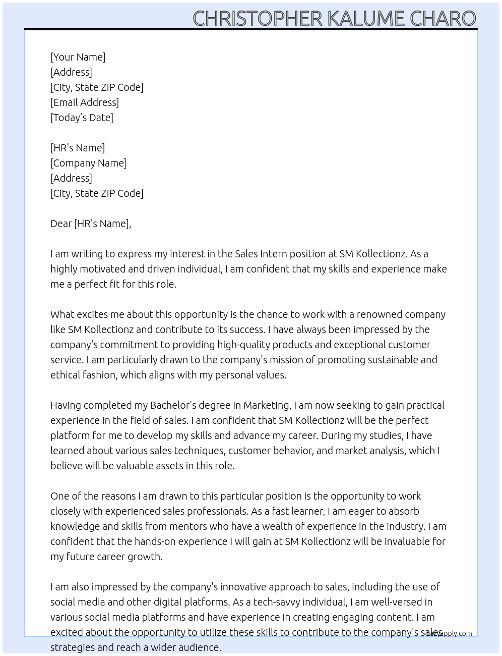 Sales intern At SM Kollectionz Cover Letter