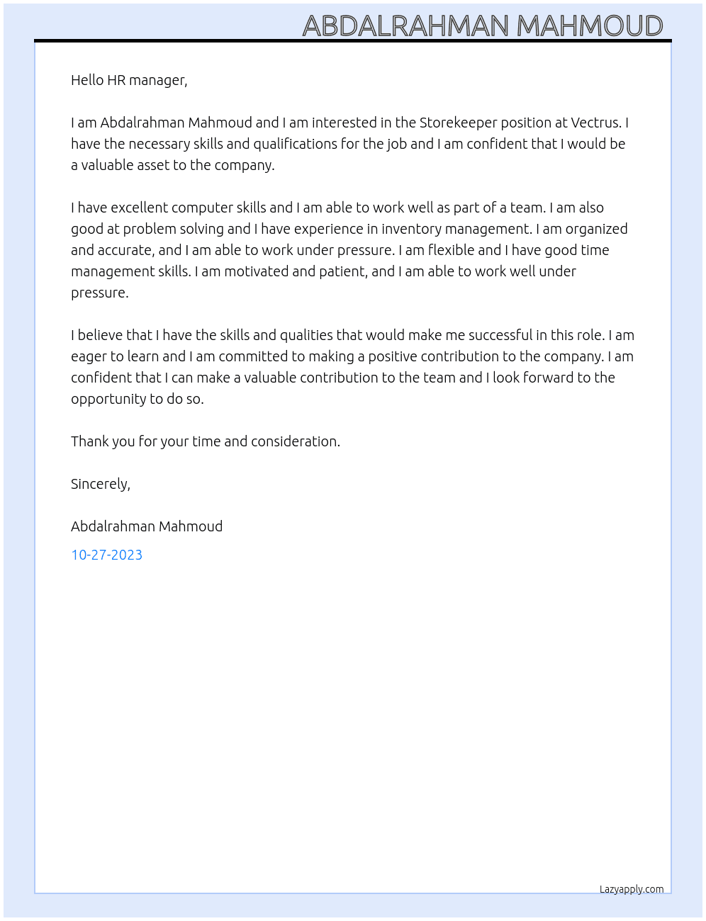 Storekeeper  At Vectrus Cover Letter