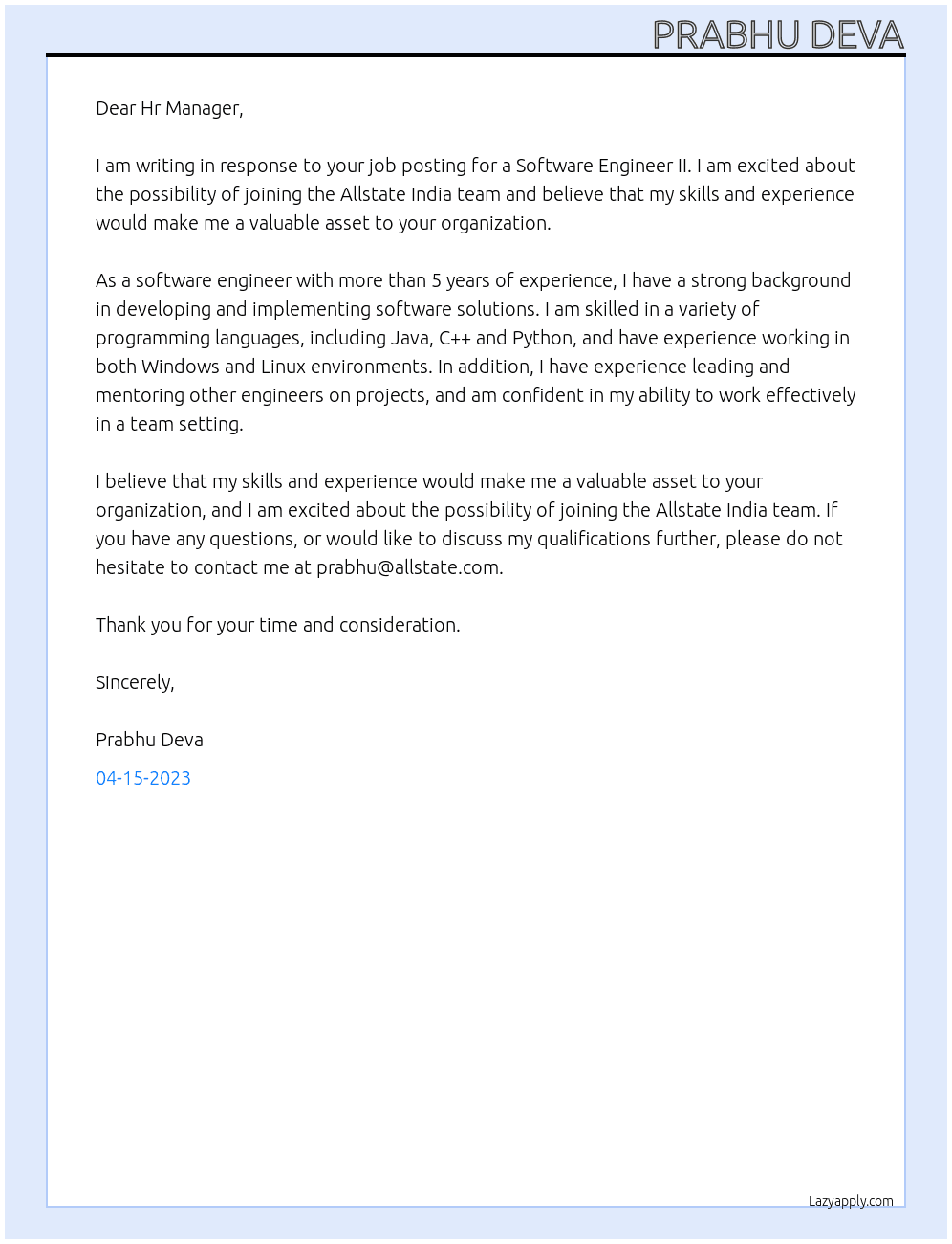 Software Engineer II At Allstate India Cover Letter