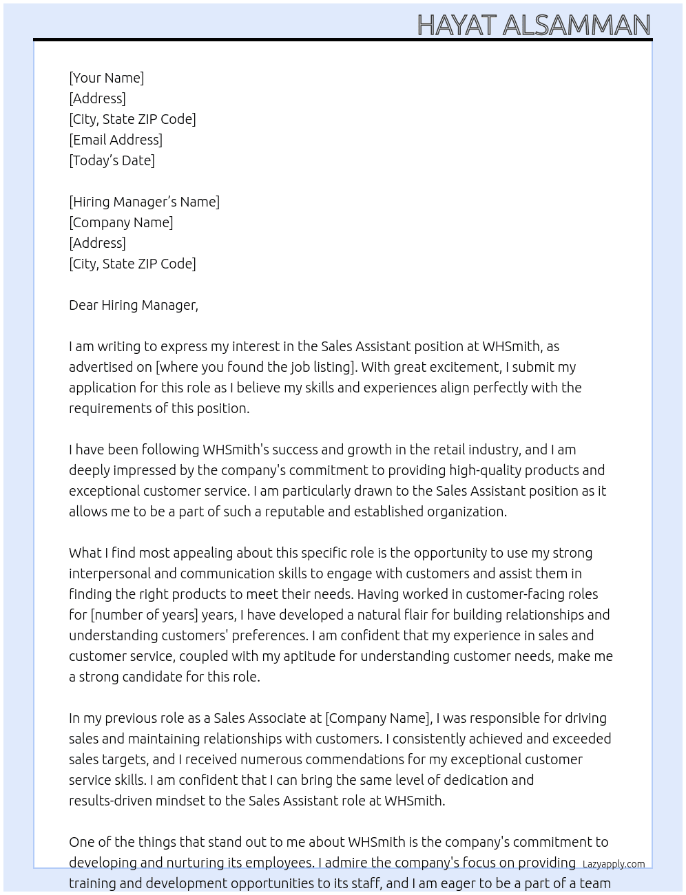 Sales Assistant  At WHSmith Cover Letter