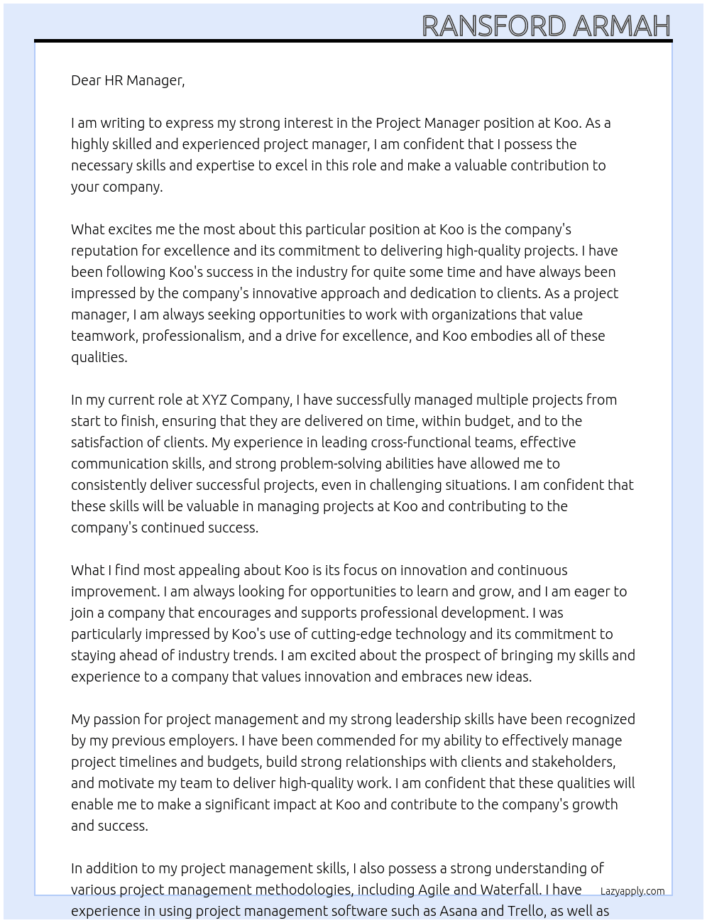 project manager At koo Cover Letter