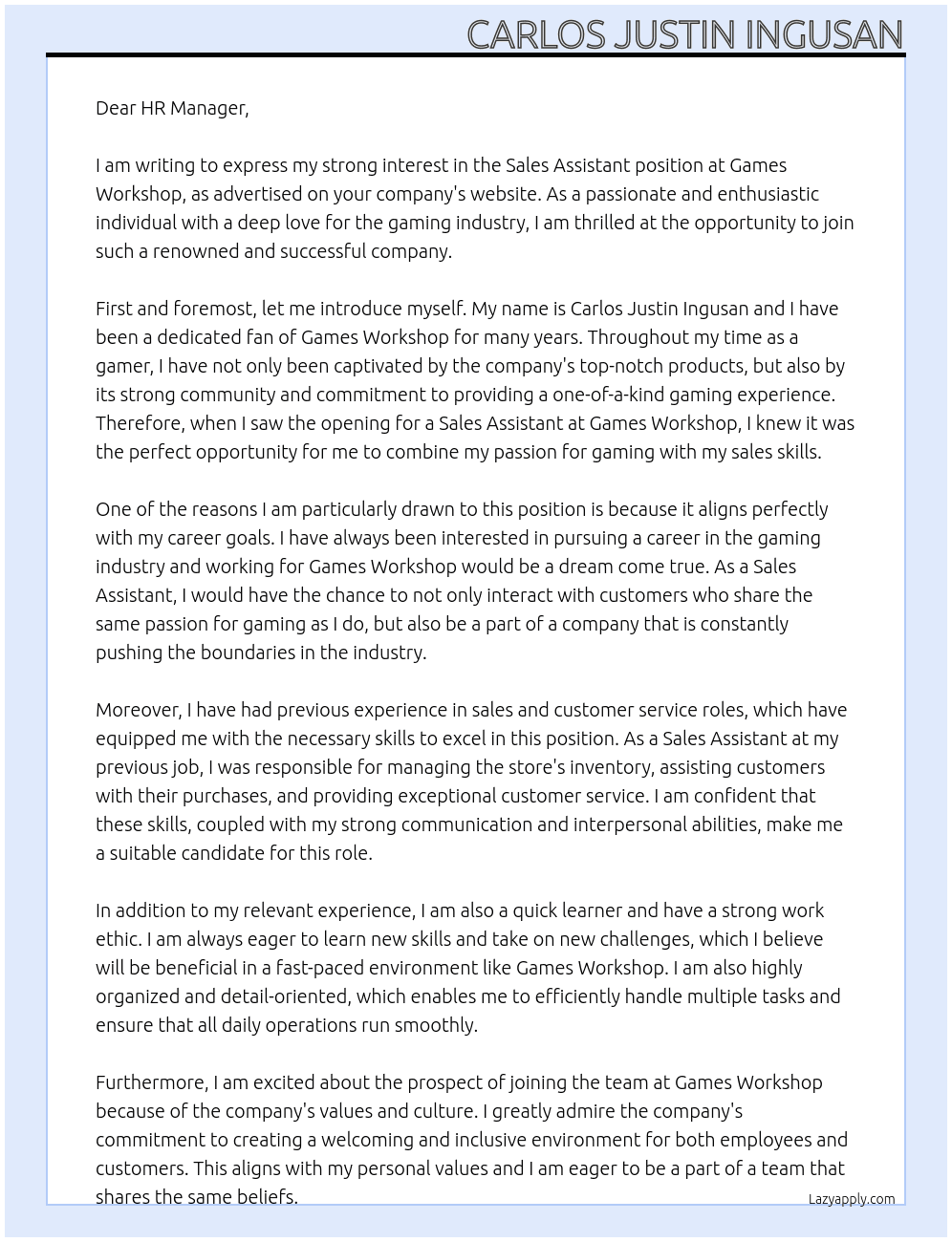 Sales Assistant At Games Workshop Cover Letter