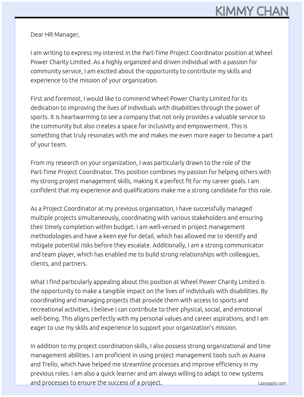 Part-Time Project Coordinator At Wheel Power Charity Limited Cover Letter