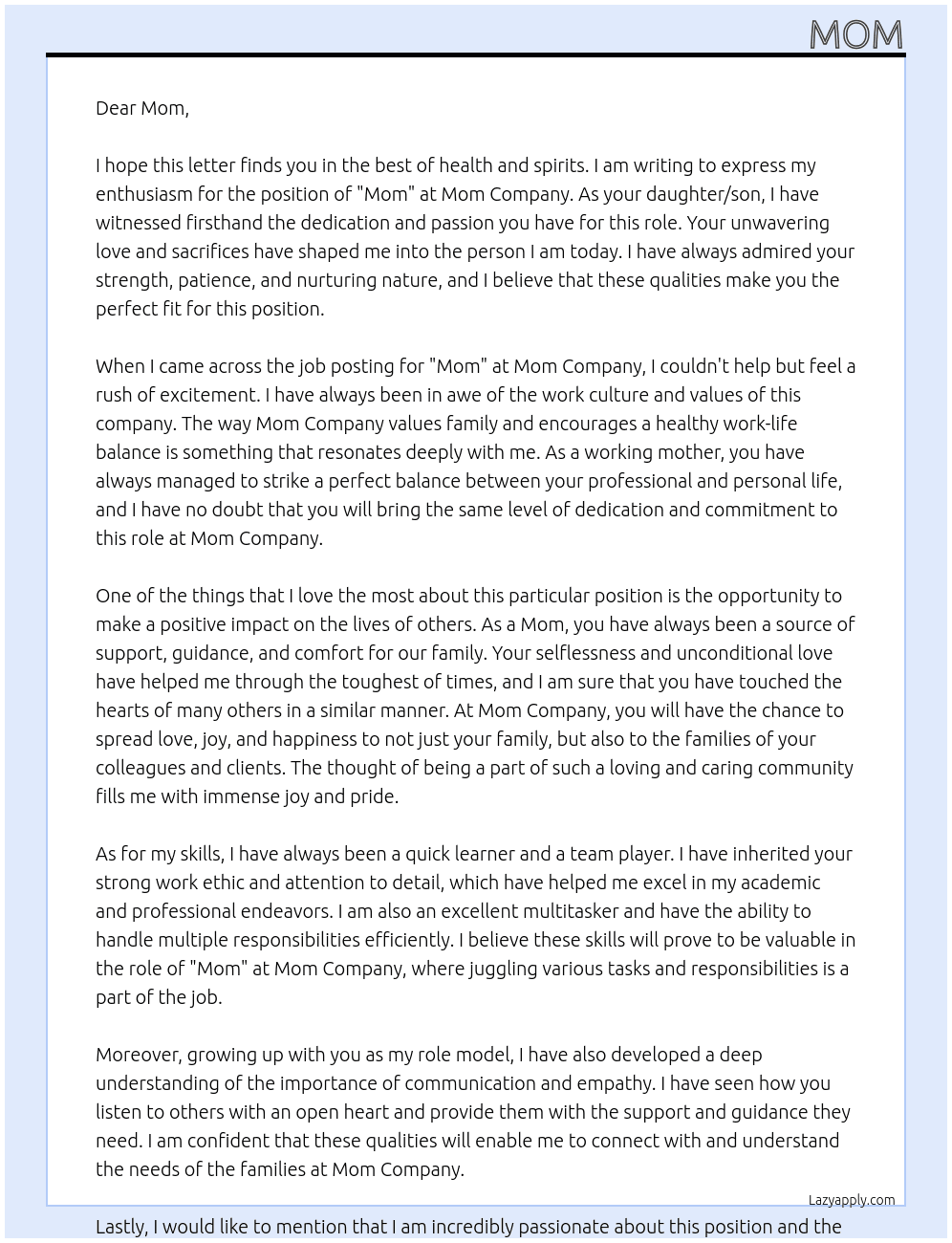 Cover letter for mom - LazyApply