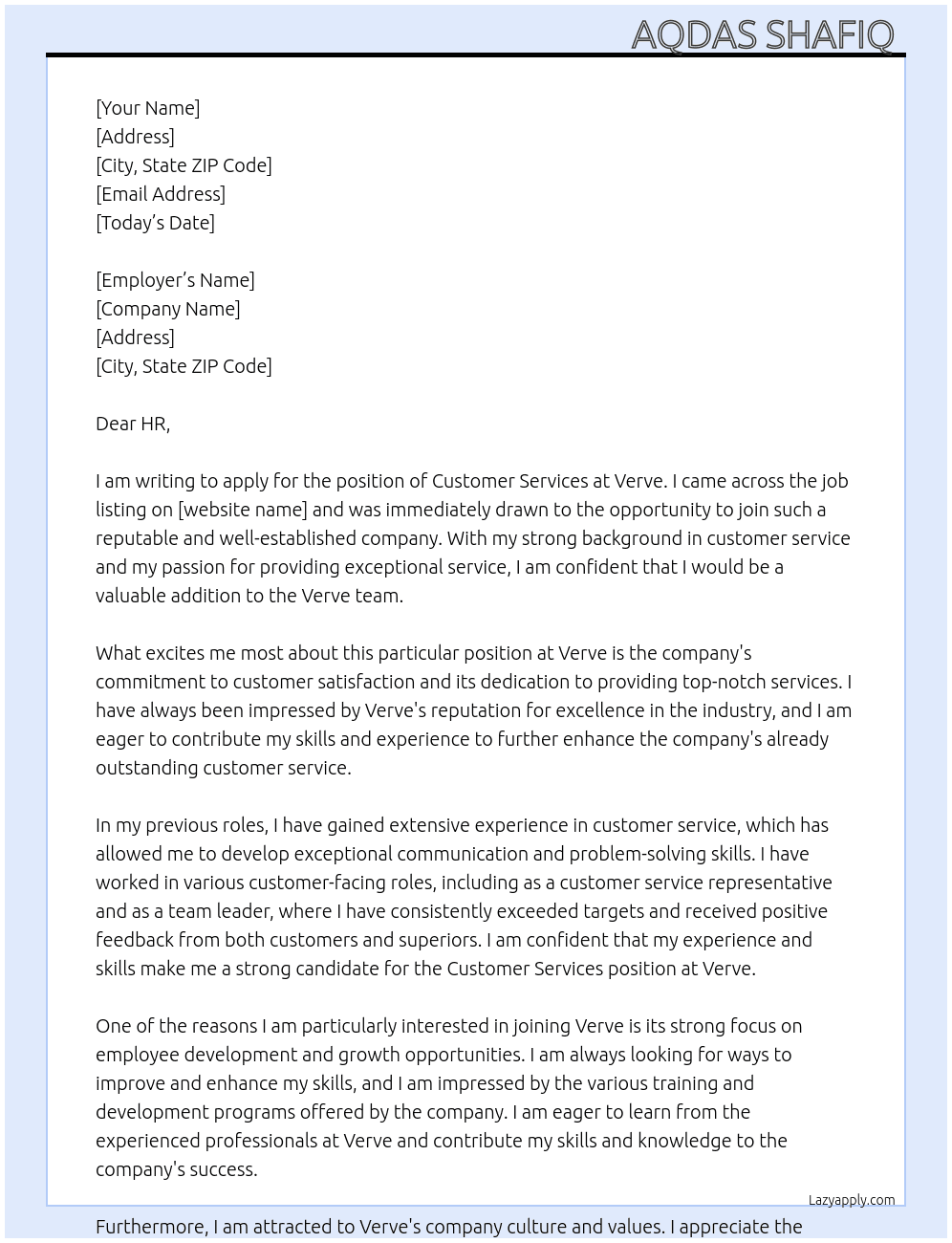 Customer services  At Verve Cover Letter