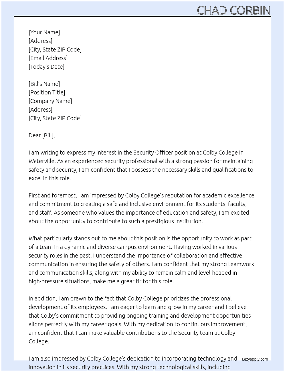 Security Officer At Colby College Cover Letter