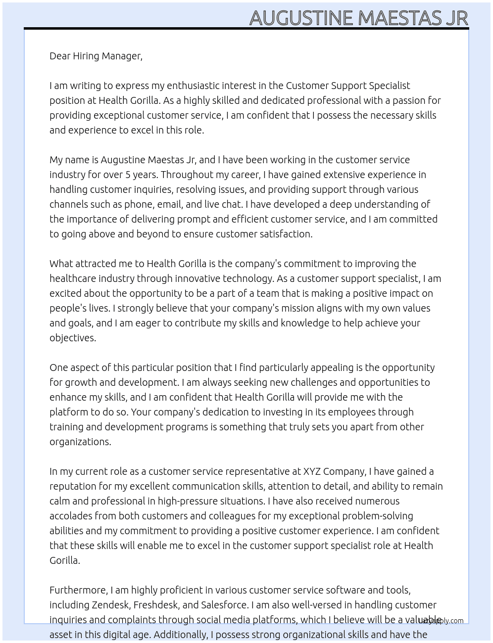 Customer Support Specialist At Health Gorilla  Cover Letter