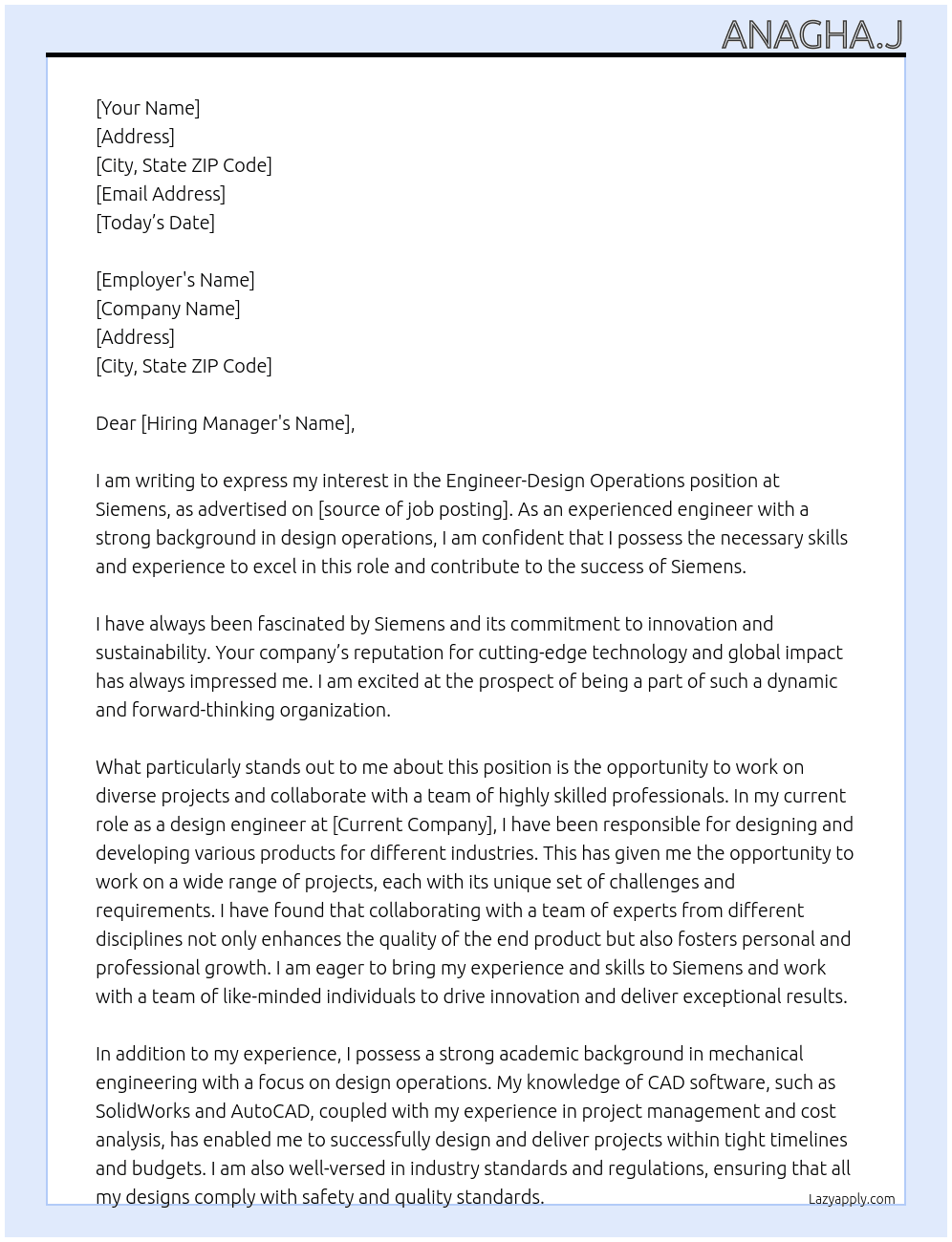 Cover letter for engineer-design operations - LazyApply