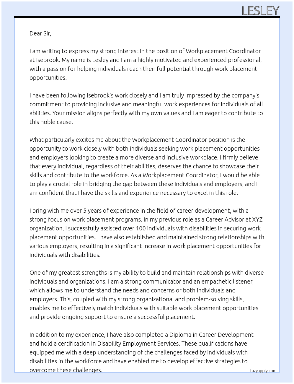 workplacement coordinator At Isebrook Cover Letter