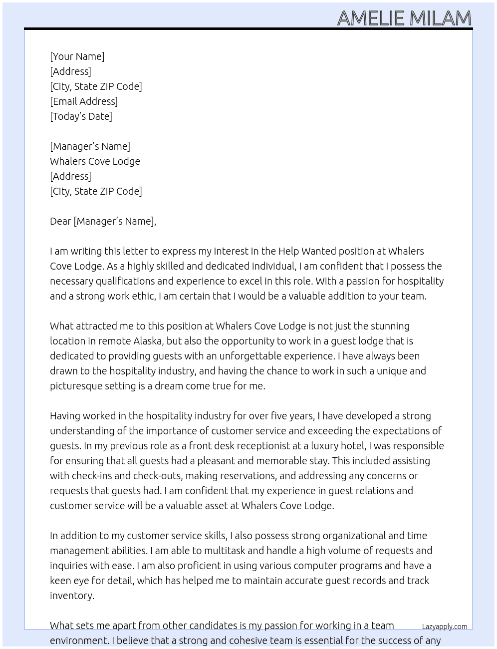Help Wanted at Remote Alaskan Guest Lodge  At whalerscovelodge Cover Letter