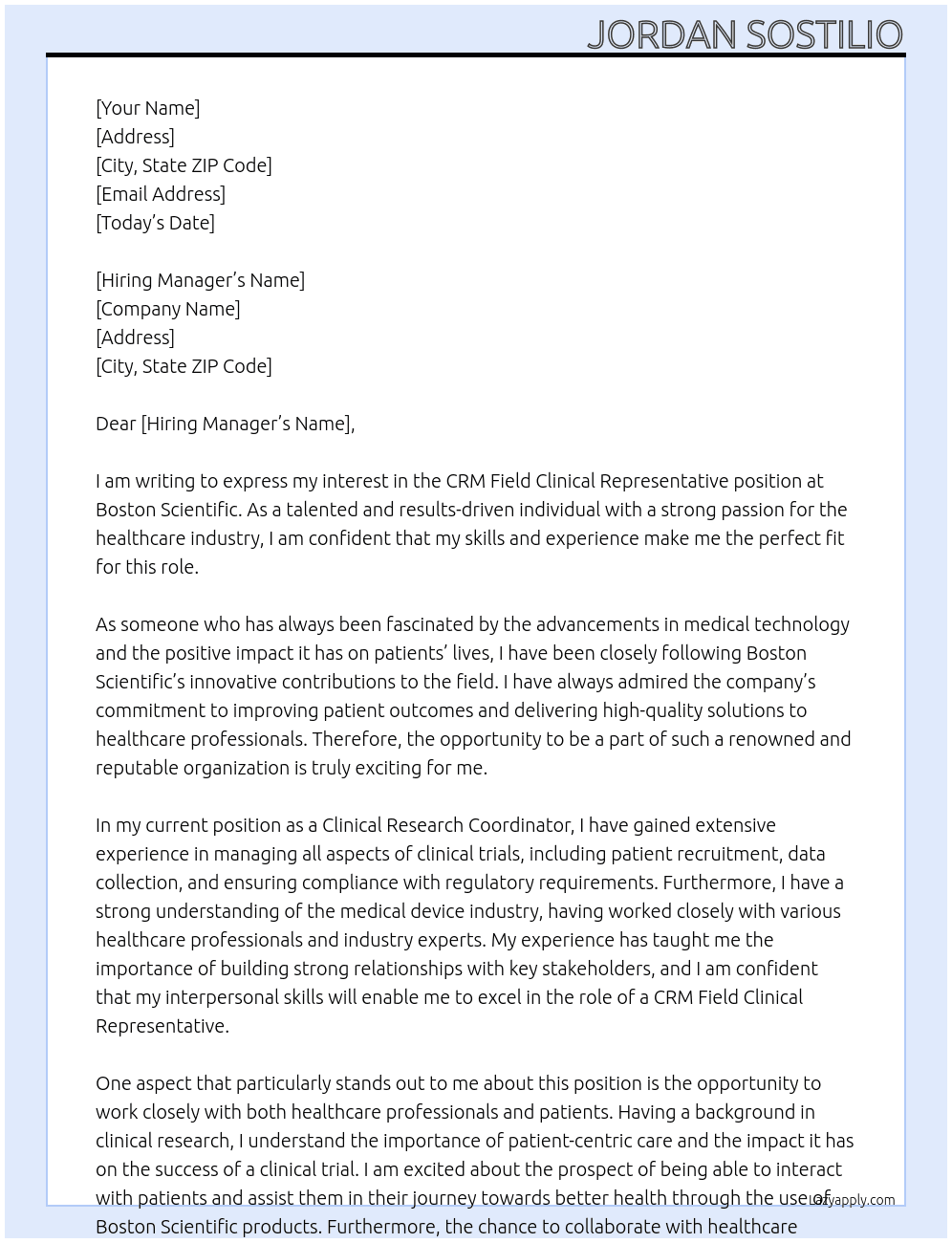 crm field clinical rep At boston scientific Cover Letter
