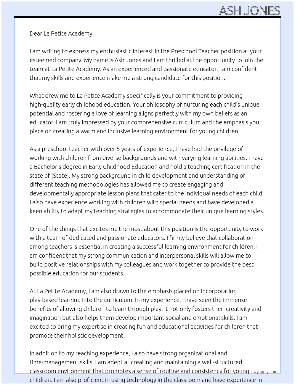 Preschool Teacher  At La Petite Academy Cover Letter