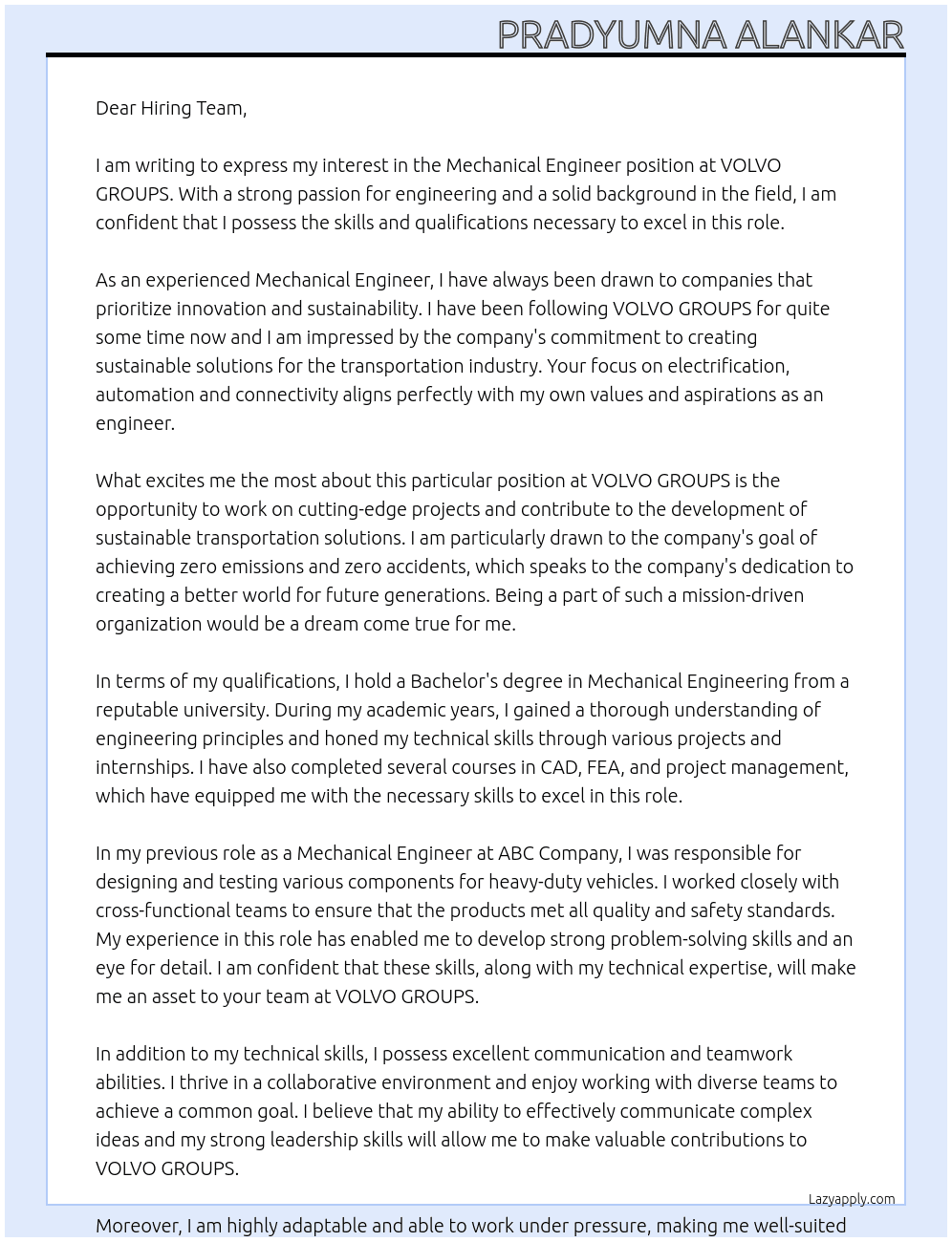 Mechanical Engineer At VOLVO GROUPS Cover Letter