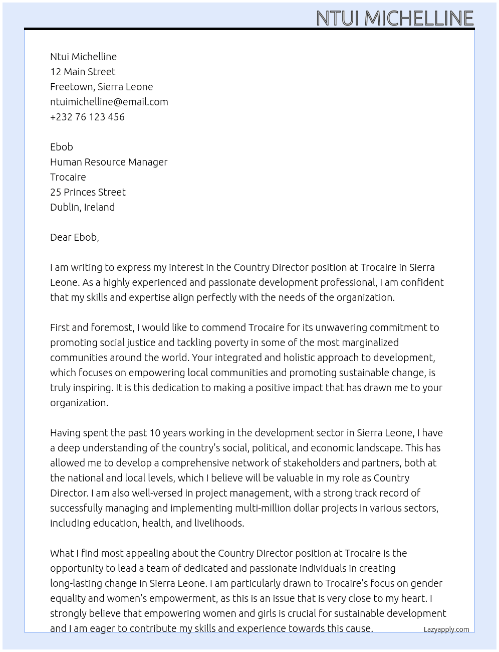Country  Director Sierra Leone At Trocaire Cover Letter