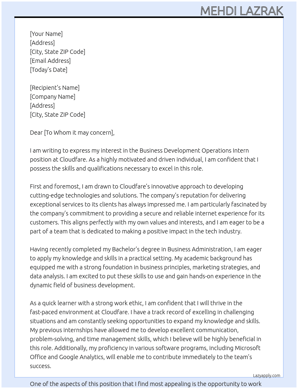 Business Development Operations Intern At Cloudfare Cover Letter
