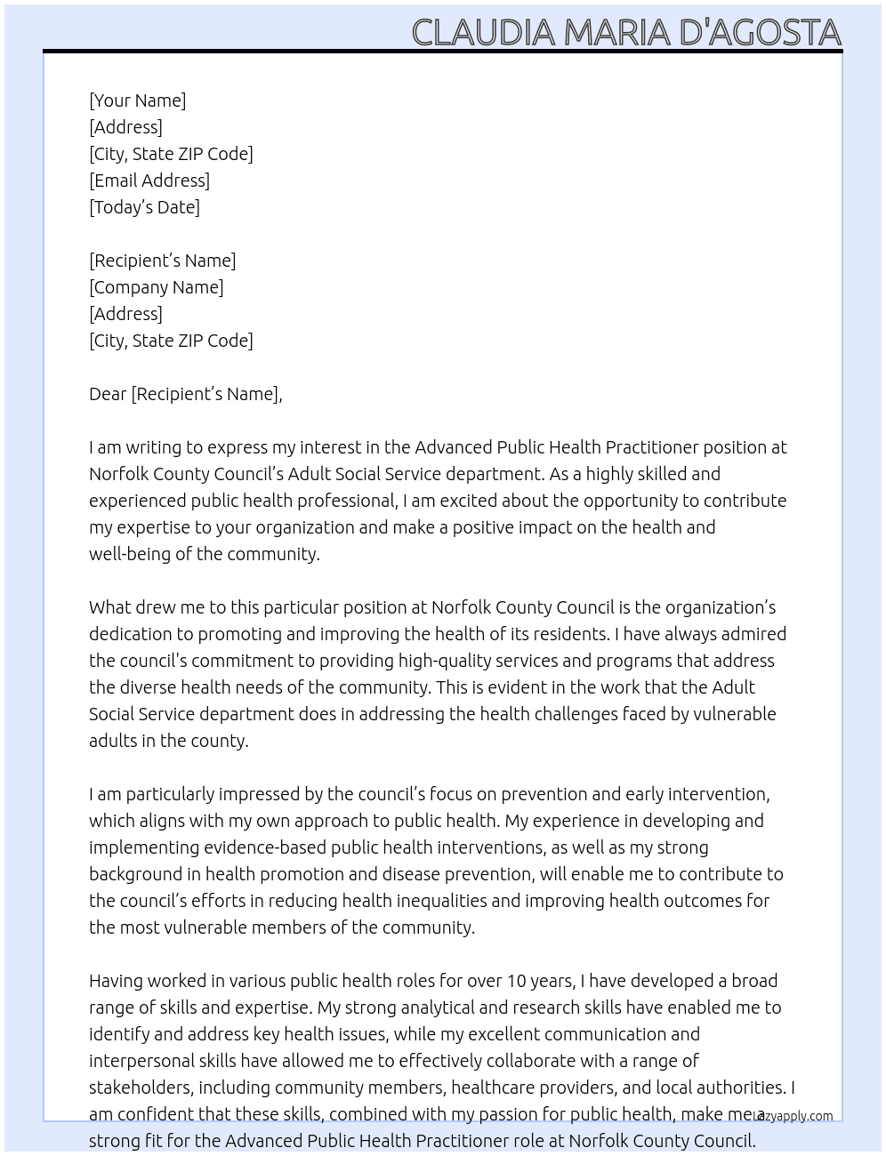 dvanced Public Health Practitioner At Norfolk County Council Cover Letter