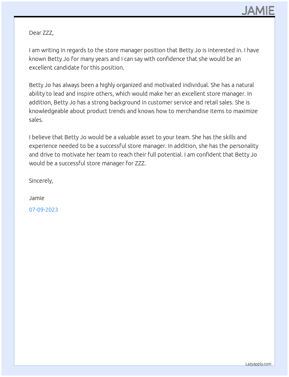 store managwer At zzz Cover Letter