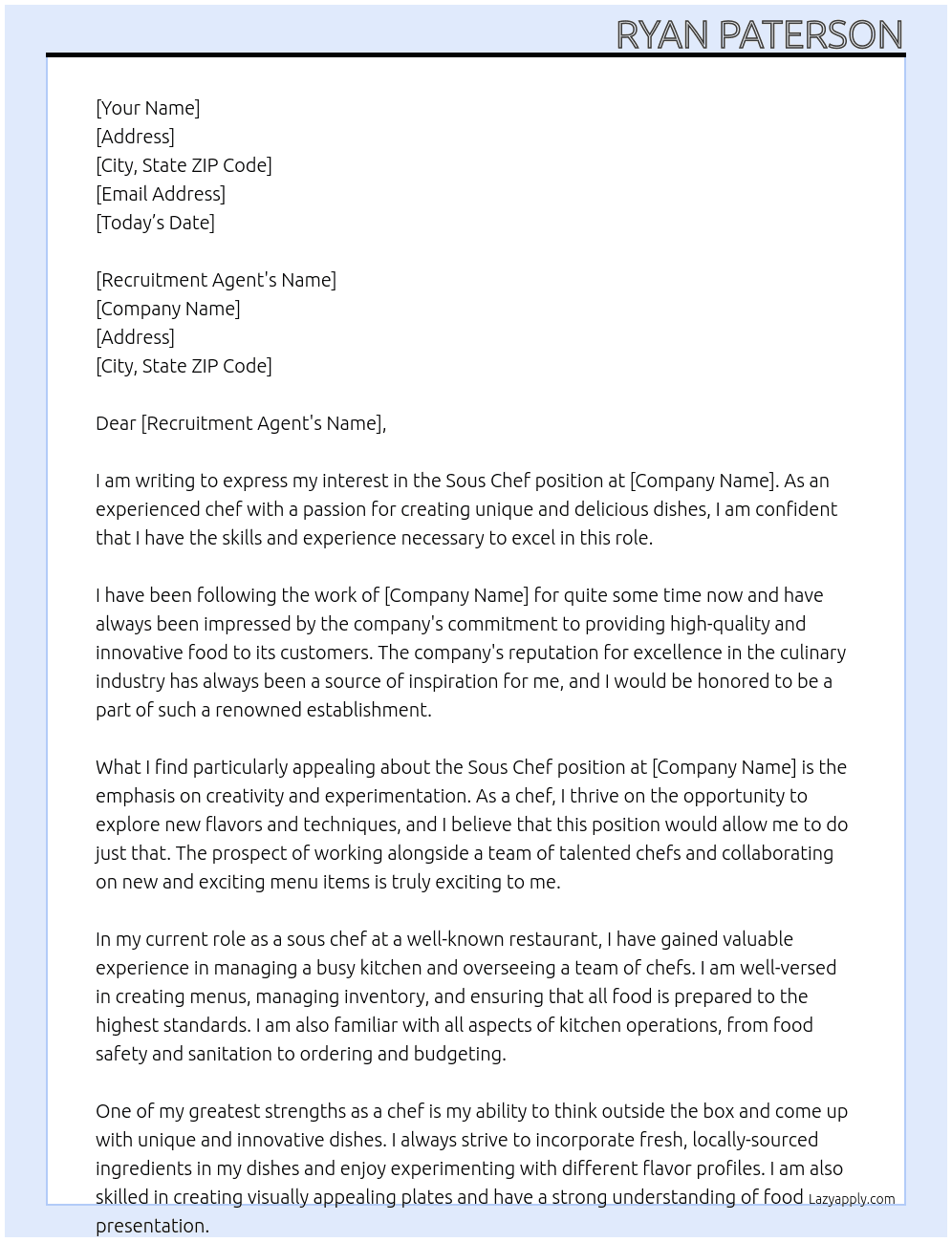 Sous Chef At private Cover Letter